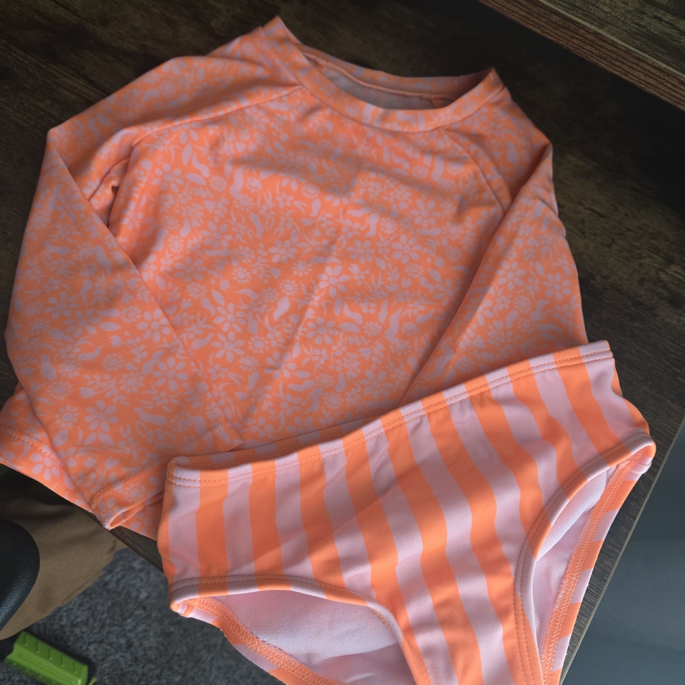 Cat & Jack Orange Floral Long-Sleeve Rashguard with Striped Swim Bottoms